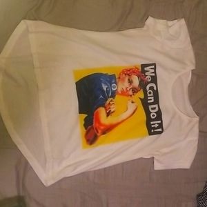 White Cap Sleeved Tshirt with "We Can Do It" quote